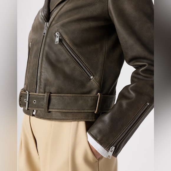 NWT Quince 100% Leather Motorcycle Jacket, slim cropped fit in distressed brown - Picture 3 of 7